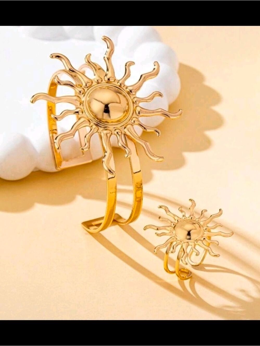 Yellow Gold Sunburst Bracelet Ring Set Women Jewelry - Picture 4 of 7